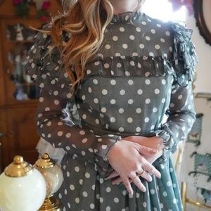 Gorgeous and flattering 1970s polka dot ruffle maxi dress/gown